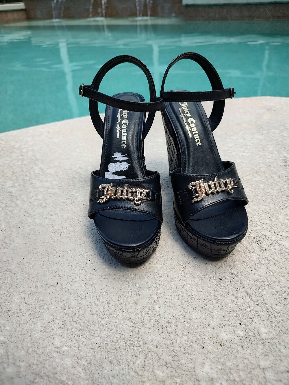 Juicy Couture Black Wedge Sandals with Ankle Strap - Picture 13 of 15